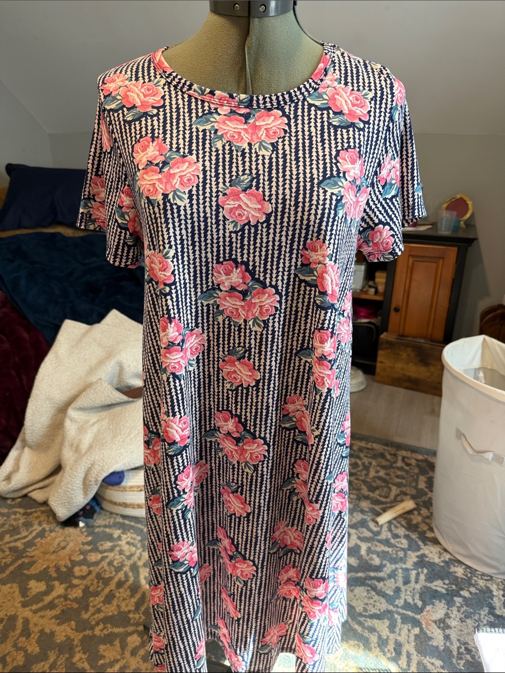 LuLaRoe Carly Navy Striped Knit Dress with Pink Floral Print